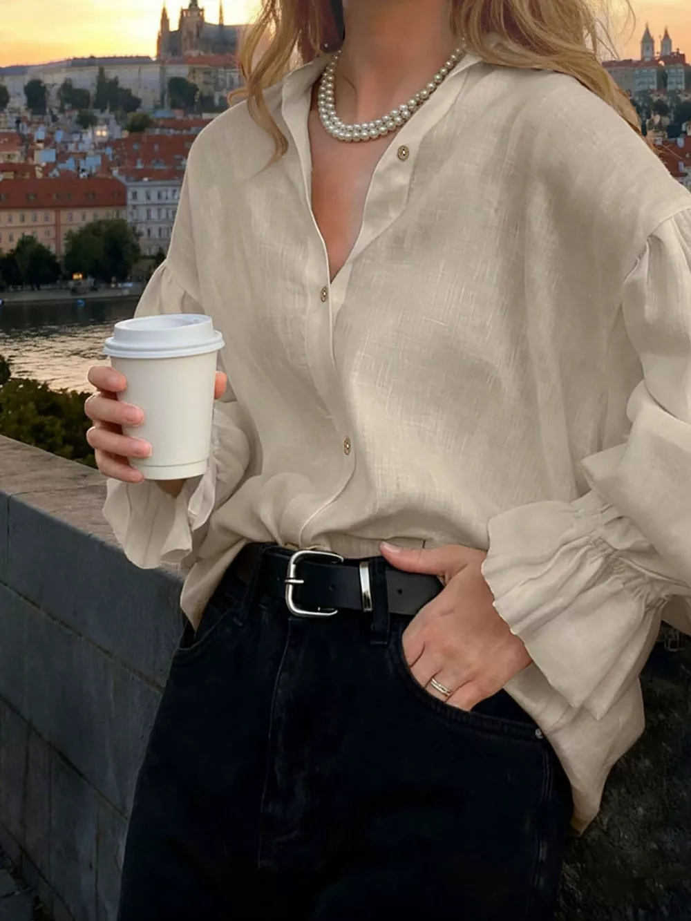 Button Up Flounce Sleeve Shirt, image 2