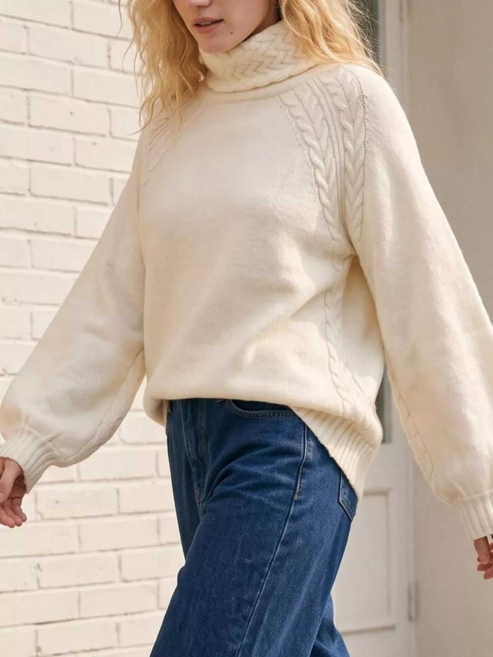 Cable-Knit Turtleneck Long Sleeve Sweater, image 4
