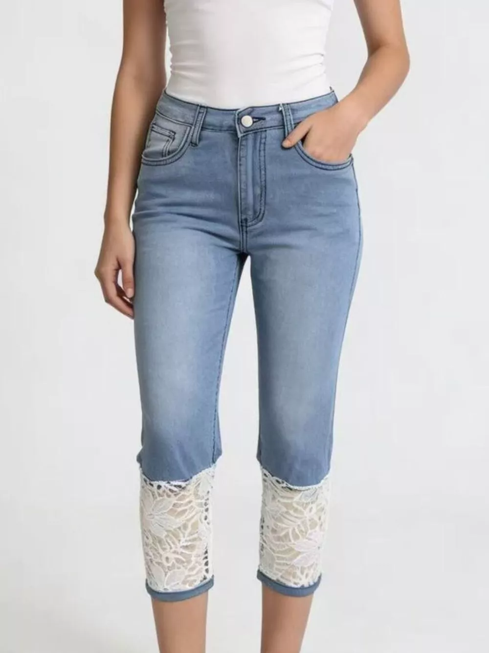 Full Size Lace Trimmed Capri Jeans Plus Size, image 8
