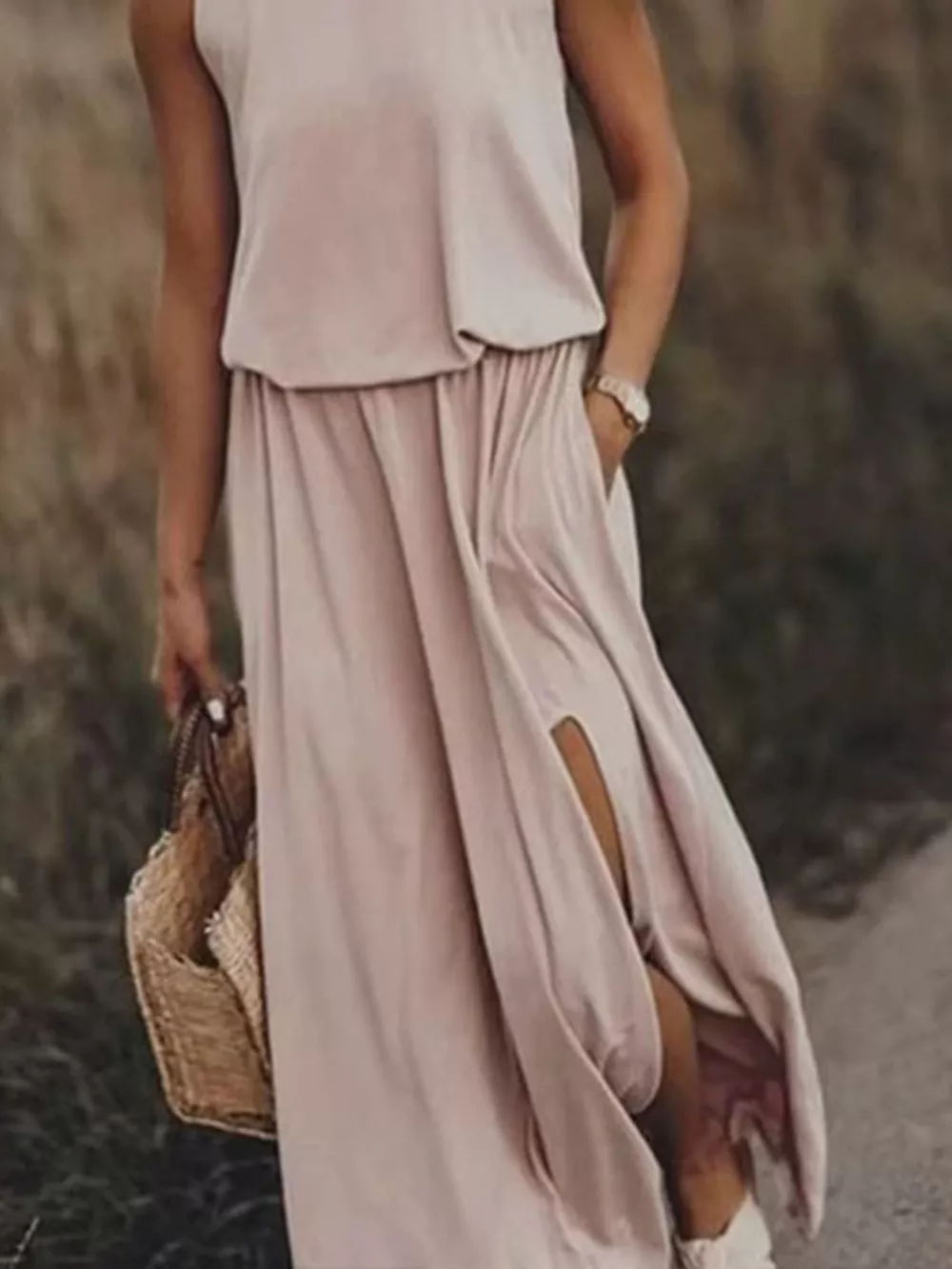 Full Size Round Neck Sleeveless Slit Maxi Dress Plus Size, image 21