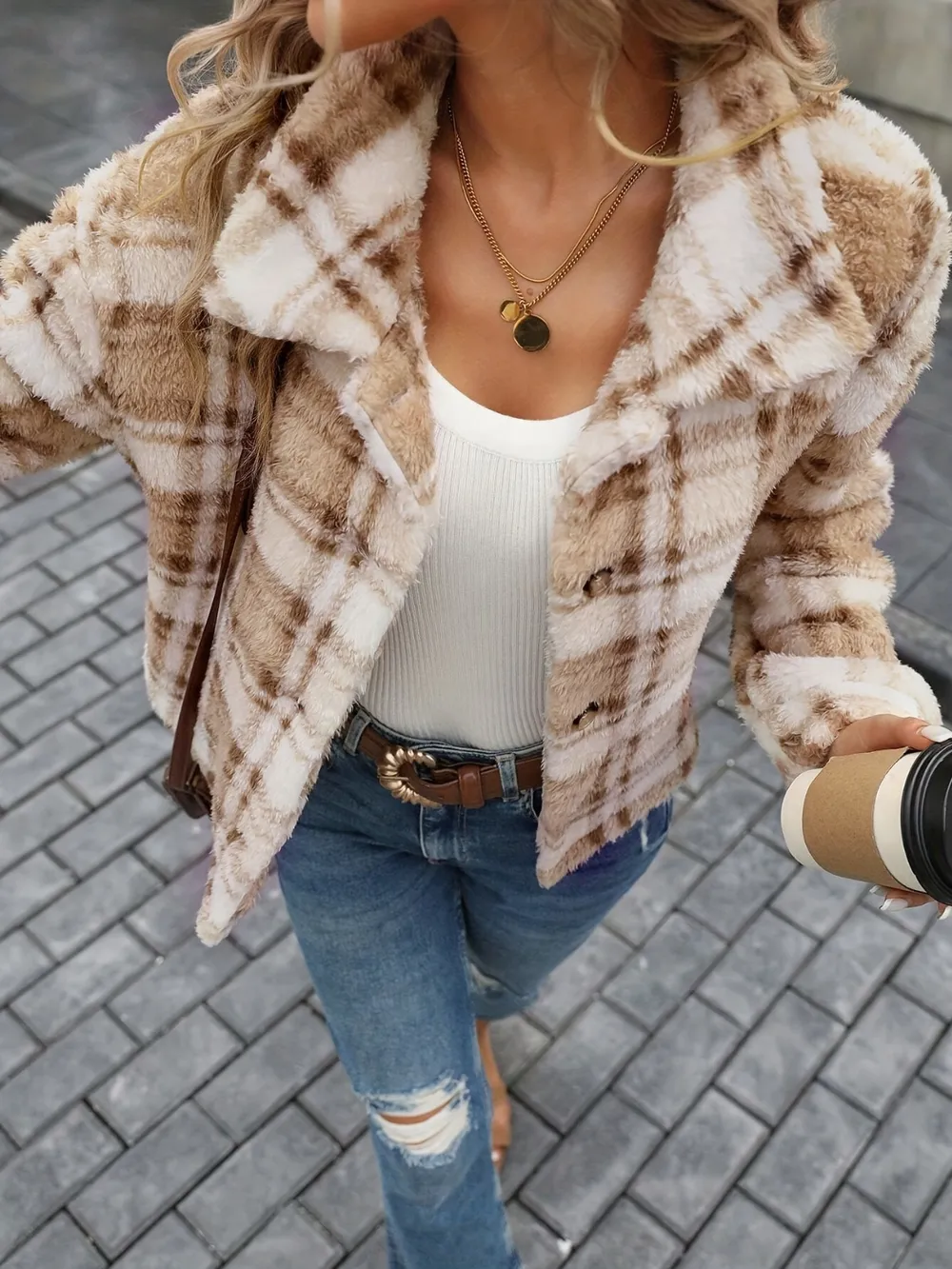 Plaid Button Up Collared Neck Long Sleeve Jacket, image 4