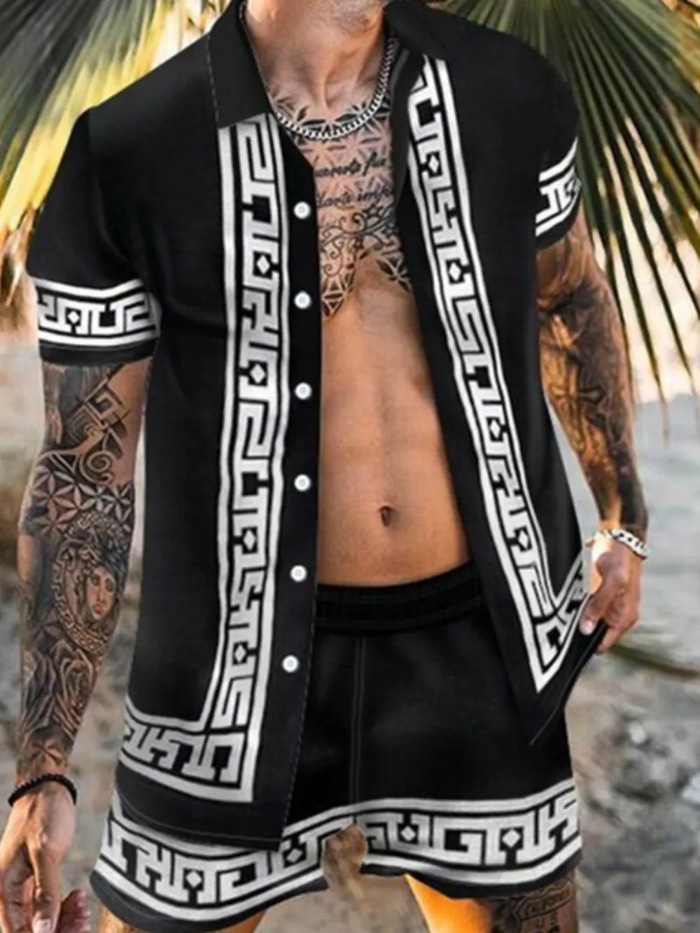 Men's Full Size Printed Button Up Top and Shorts Set Plus Size, image 2