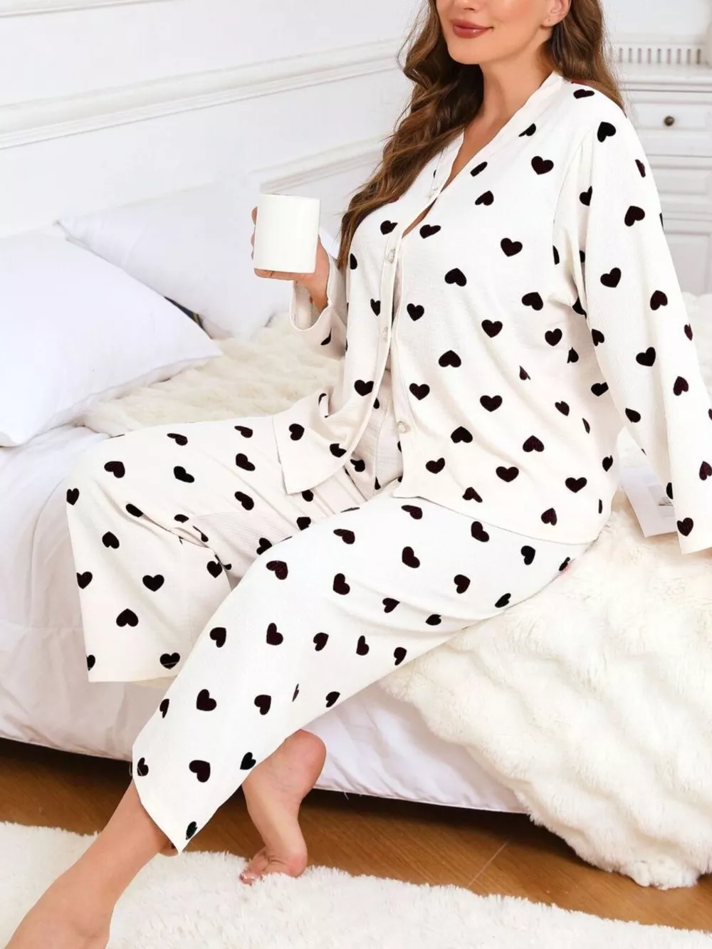 Plus Size Heart Print Button-Down Top and Pants Set, image 6
