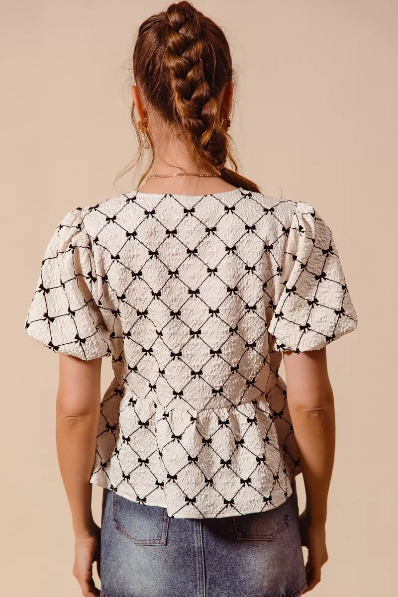 Bow Texture Woven Peplum Top With Contrast Tie, image 3