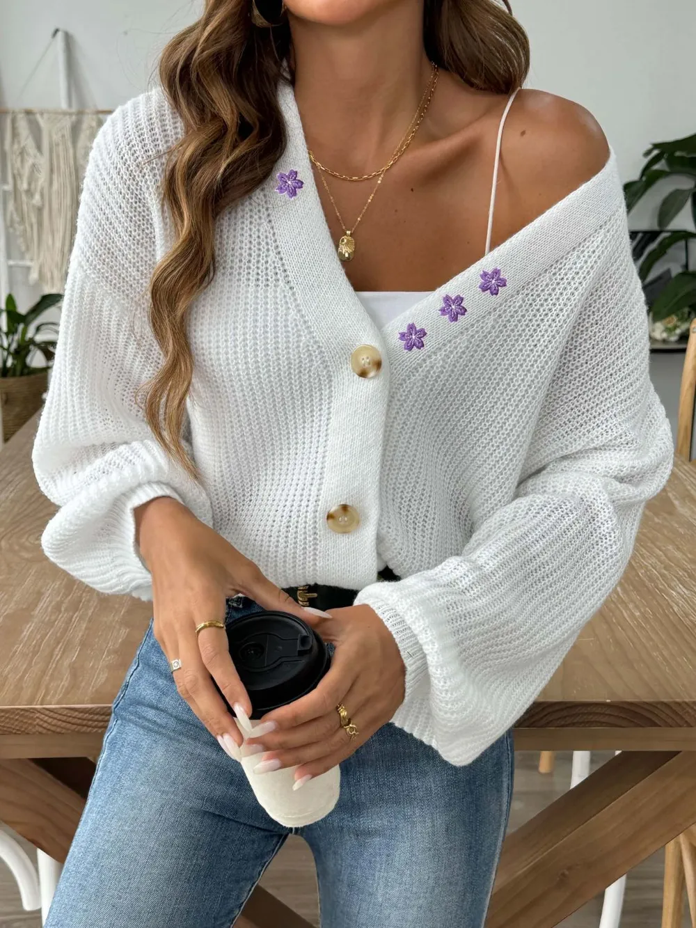 V-Neck Button Up Long Sleeve Cardigan, image 4