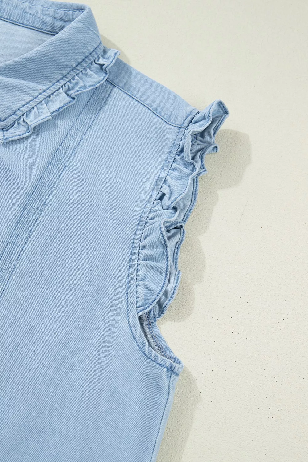 Ruffled Edge Collared Shift Denim Dress with Pockets, image 12