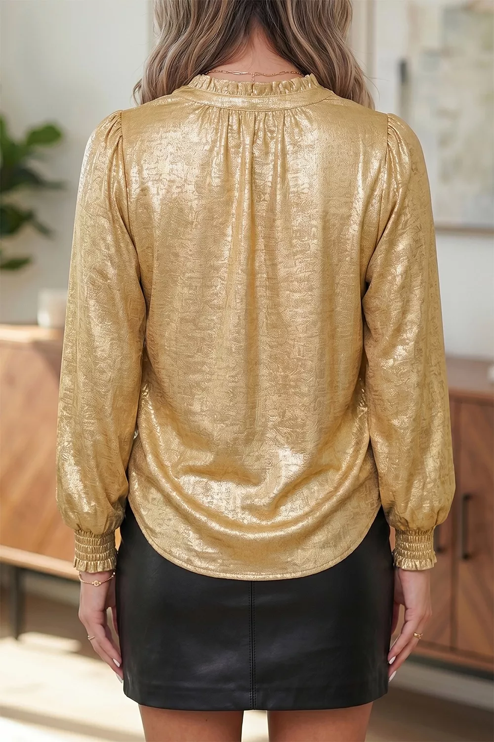 Metallic Sheen V Neck Gathered Cuff Long Sleeve Blouse, image 2