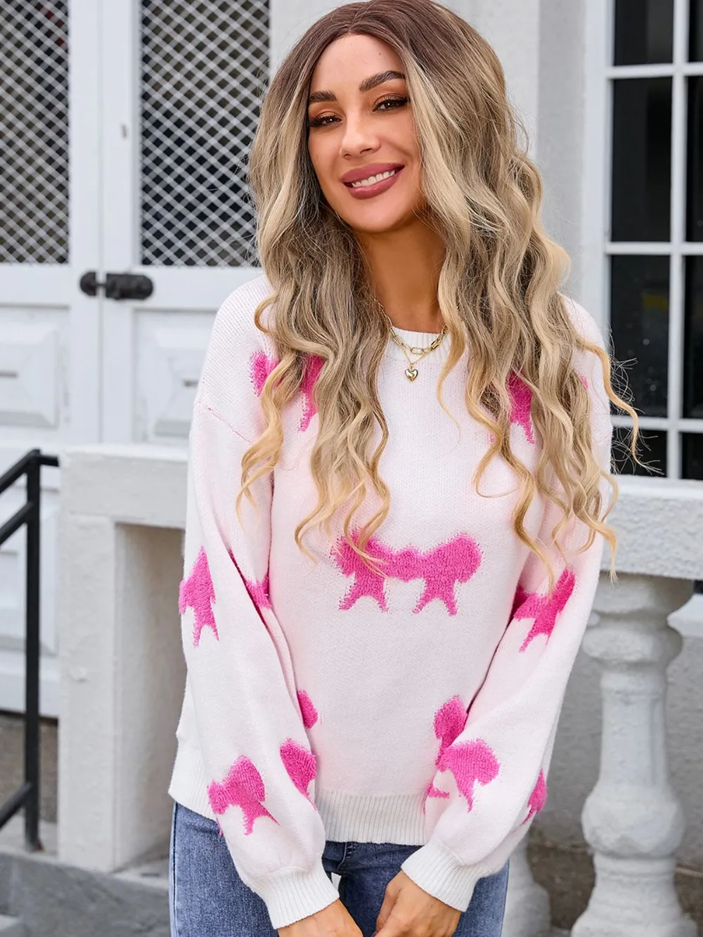 Bow Round Neck Dropped Shoulder Sweater, image 10