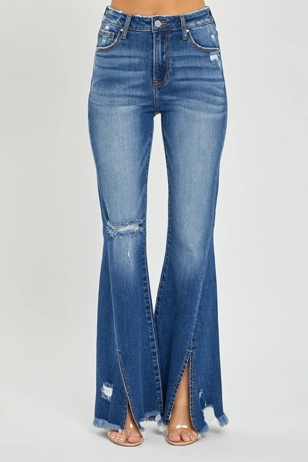 Full Size High Rise Front Slit Frayed Hem Flare Jeans, image 6