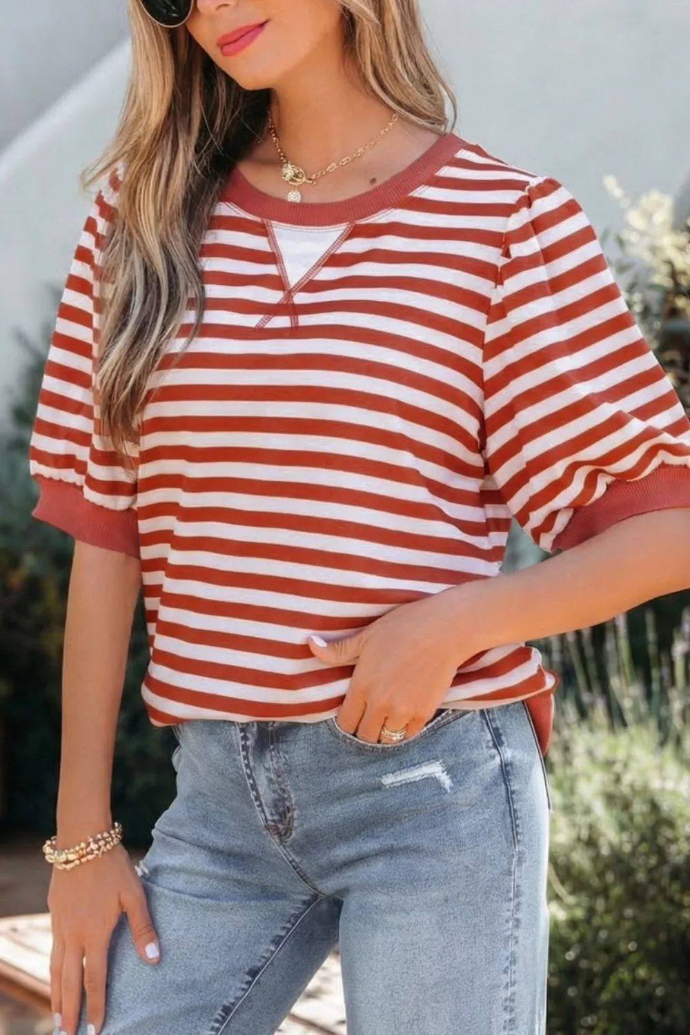 Striped Puff Sleeve Casual T-Shirt, image 3