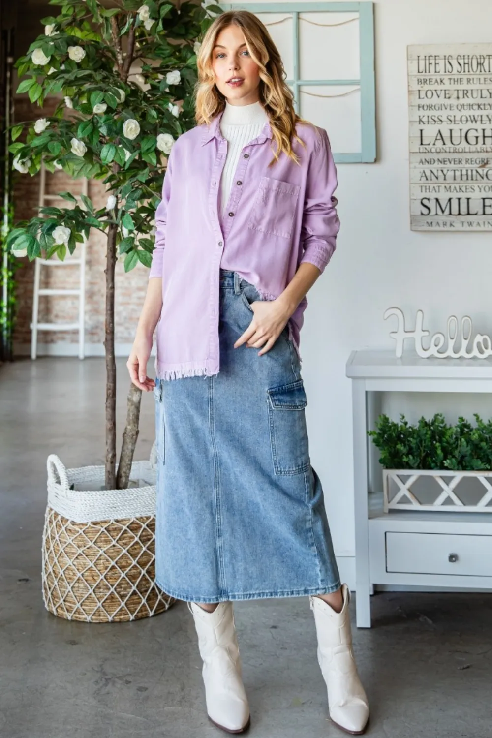 Raw Hem Button Up Long Sleeve Shirt, image 6
