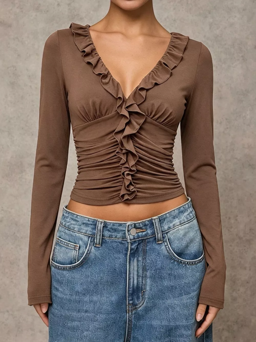 V-Neck Ruffle Trim Ruched Long Sleeve Slim Fit Top, image 2