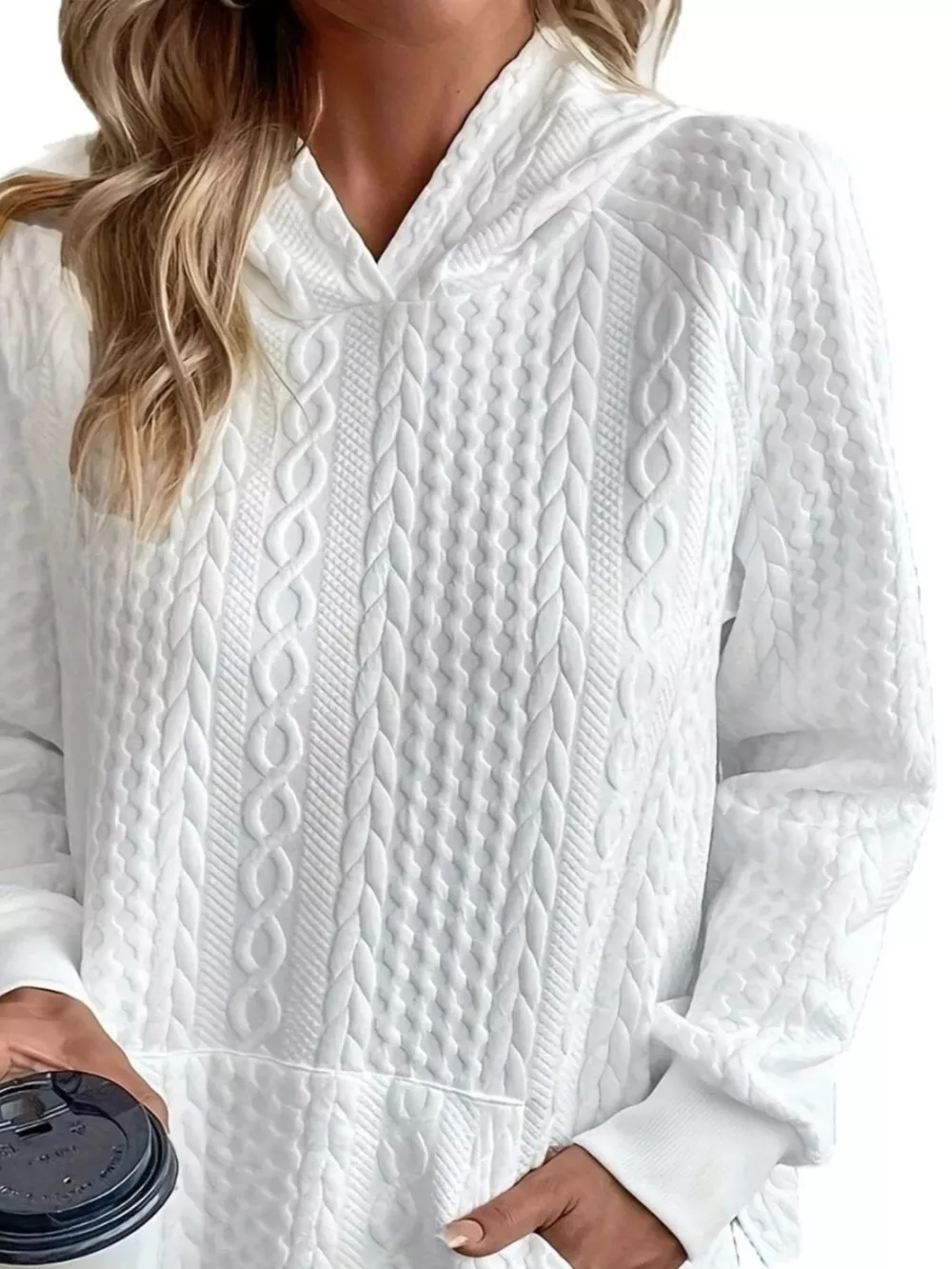 Cable Texture Hoodie with Side Button, image 2