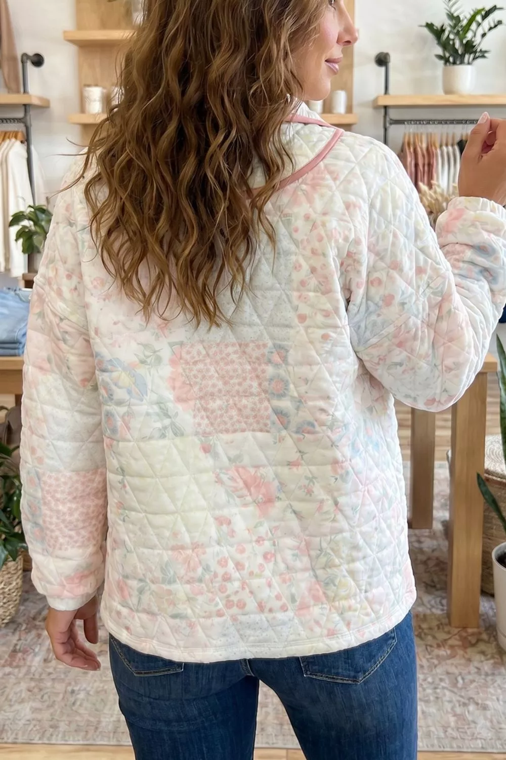 Floral Quilted Half Button Pocketed Pullover Sweatshirt, image 3