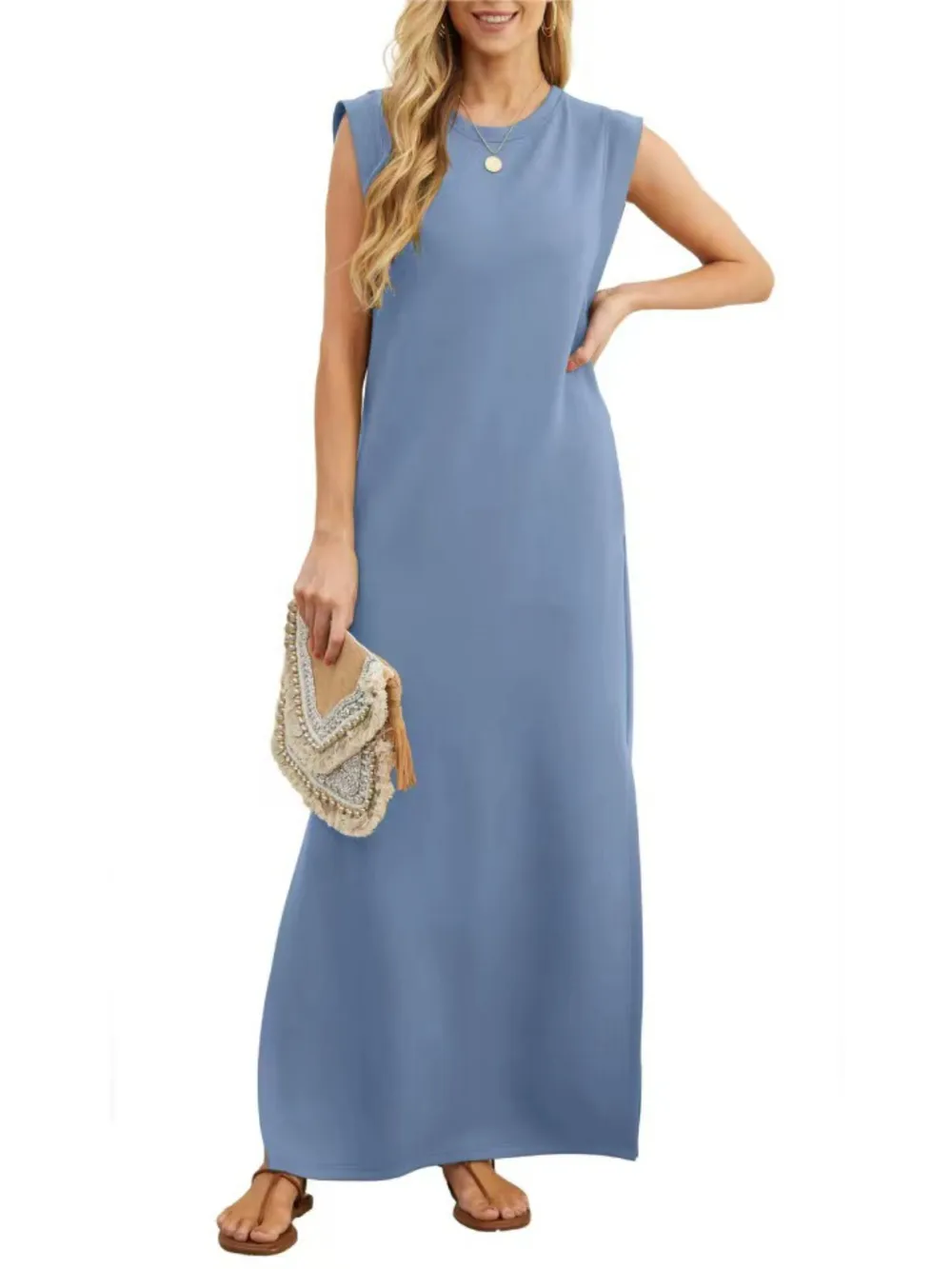 Full Size Slit Round Neck Sleeveless Maxi Tank Dress Plus Size, image 21
