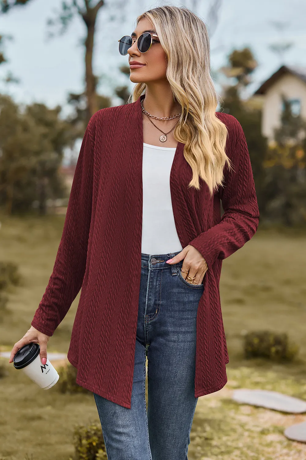 Textured Open Front Long Sleeve Cardigan, image 2