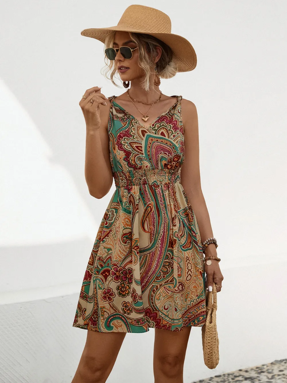 Smocked Printed V-Neck Mini Dress, image 8