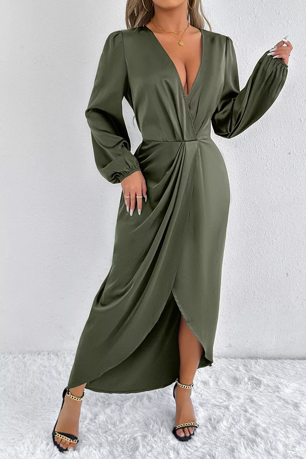 Satin Balloon Sleeve Midi Dress, image 4