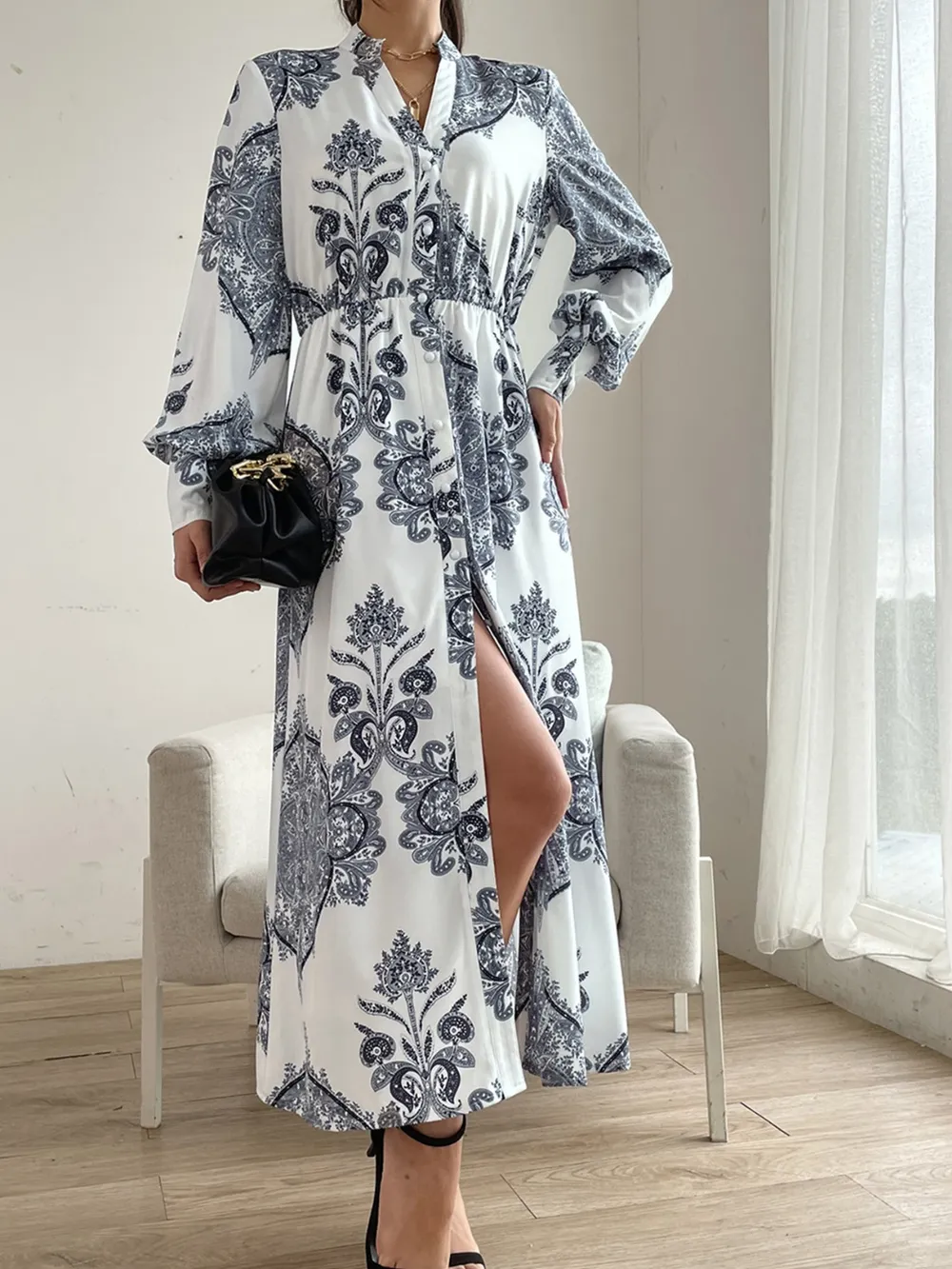 Printed Notched Lantern Sleeve Midi Dress, image 6