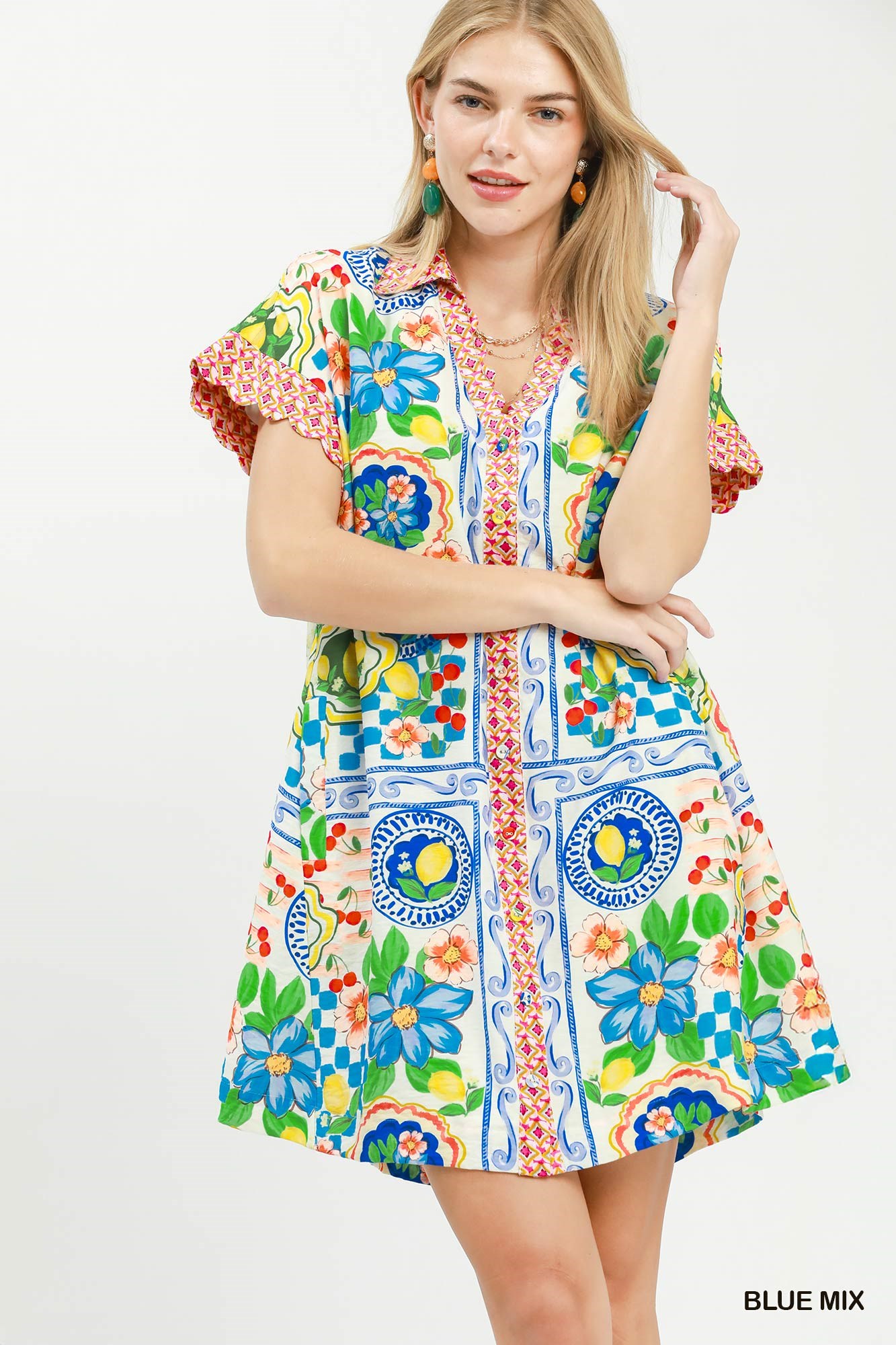 Mediterranean Print Dress with Contrast Printed Trim