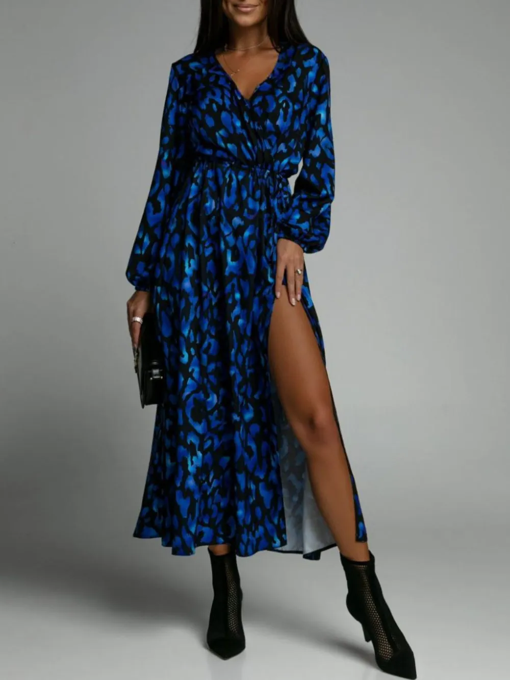 Printed Surplice Long Sleeve Midi Dress, image 6