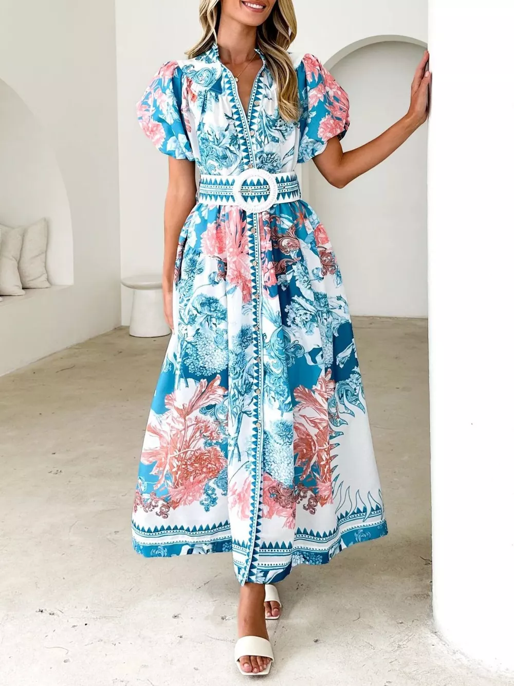 Printed Puff Sleeve Midi Dress