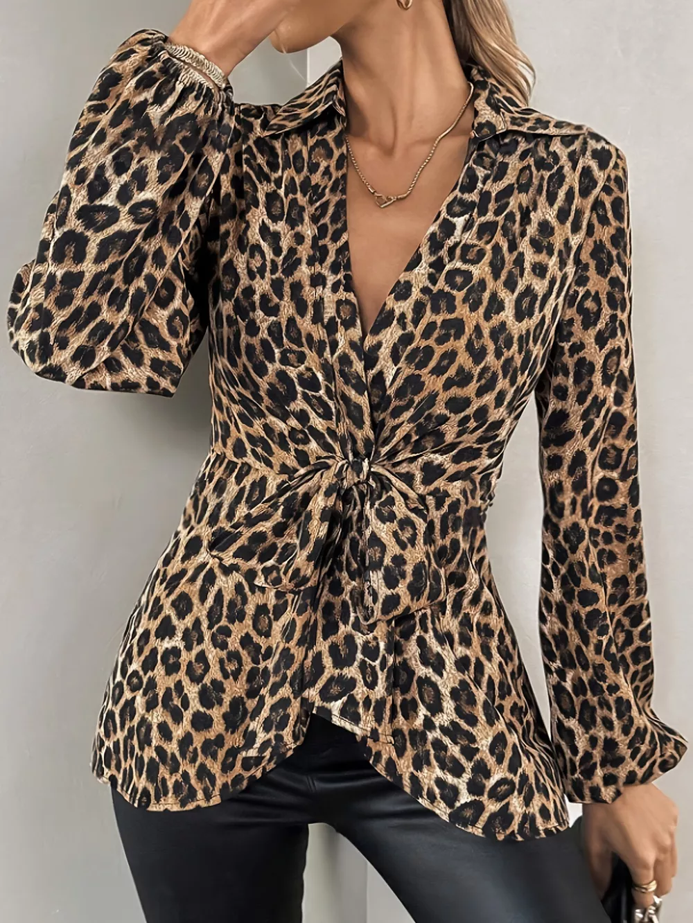 Leopard Print Tie Front Long Sleeve Blouse, image 3