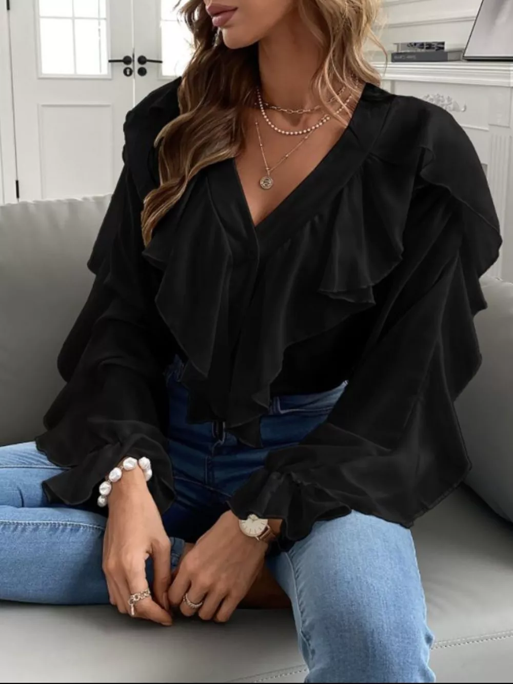 Full Size Ruffle Trim V-Neck Shirt Plus Size, image 5