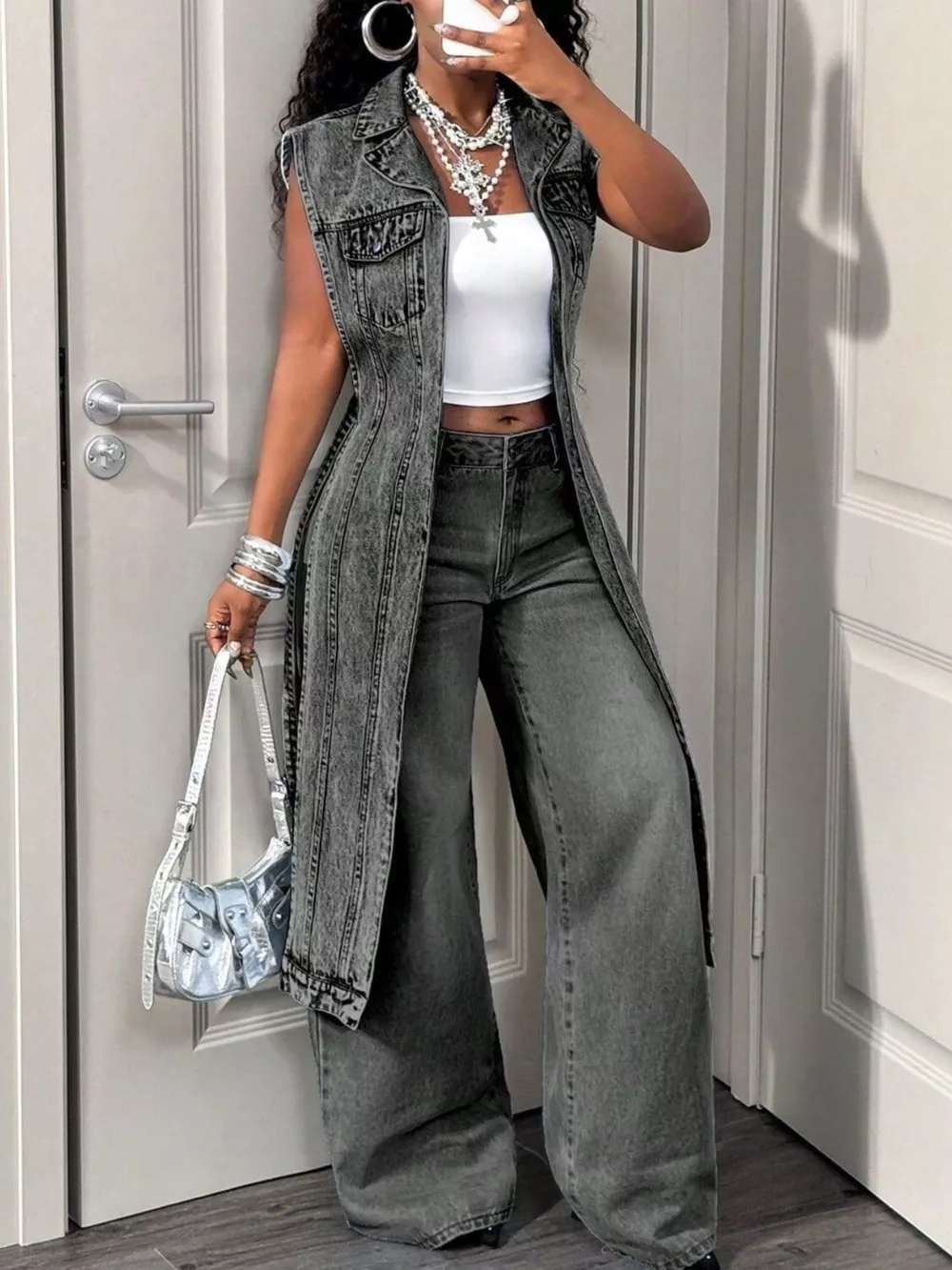 High-Low Open Front Denim Vest, image 15