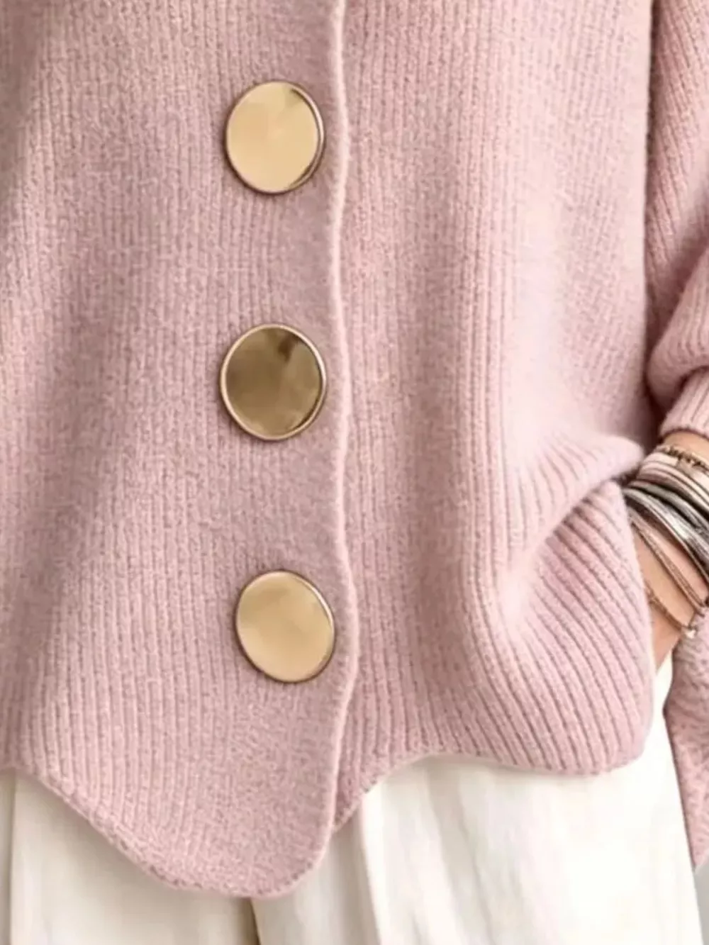 Full Size Gold Buttons Lantern Sleeve Cardigan Plus Size, image 21