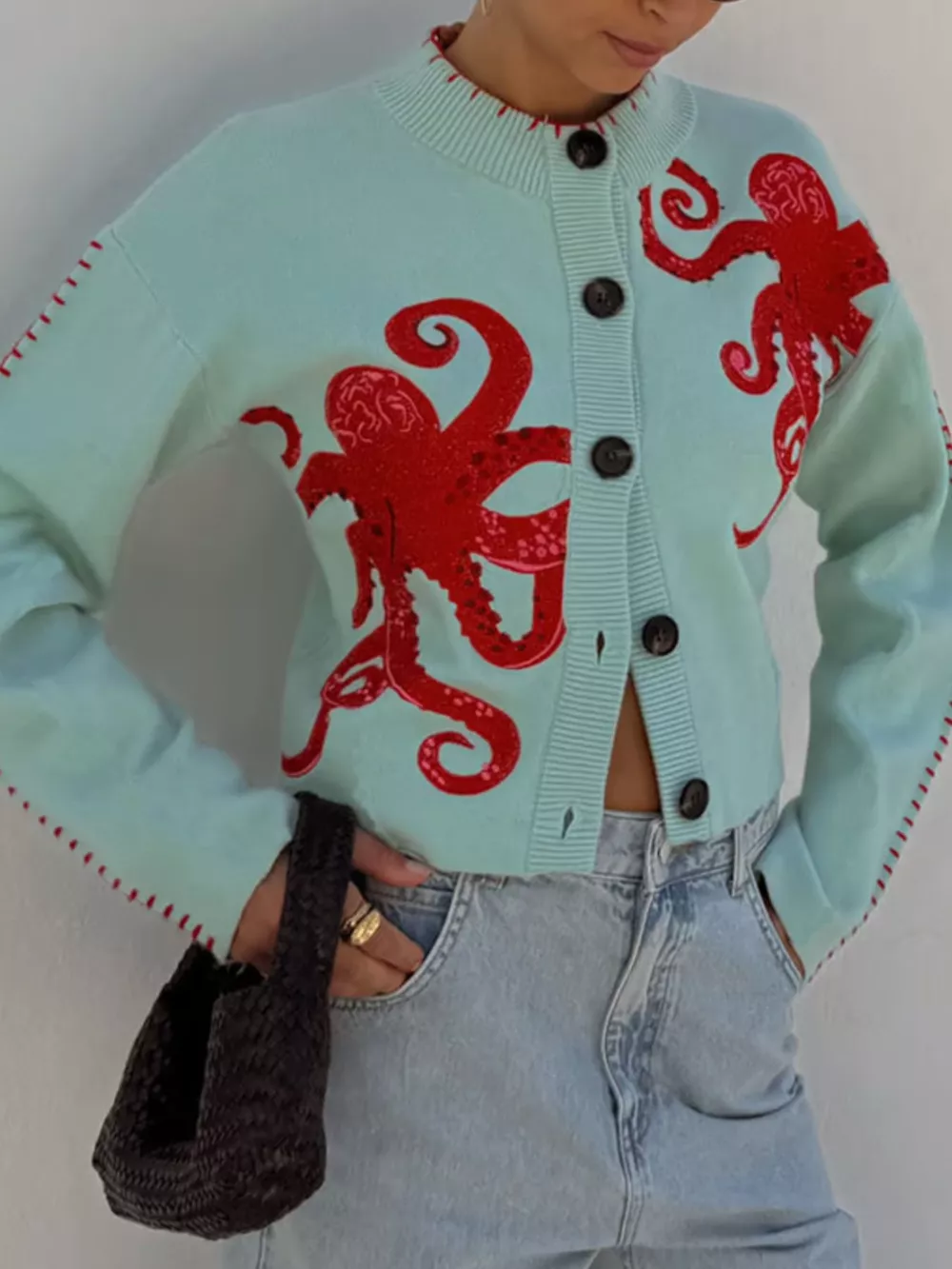 Octopus Button Up Cropped Cardigan, image 5