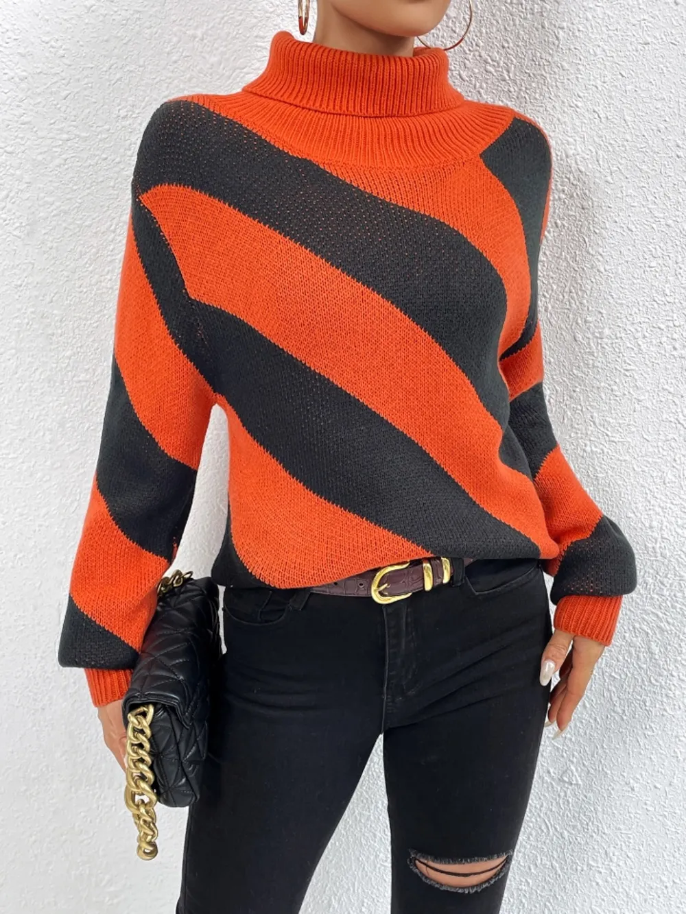 Striped Turtleneck Dropped Shoulder Sweater, image 2