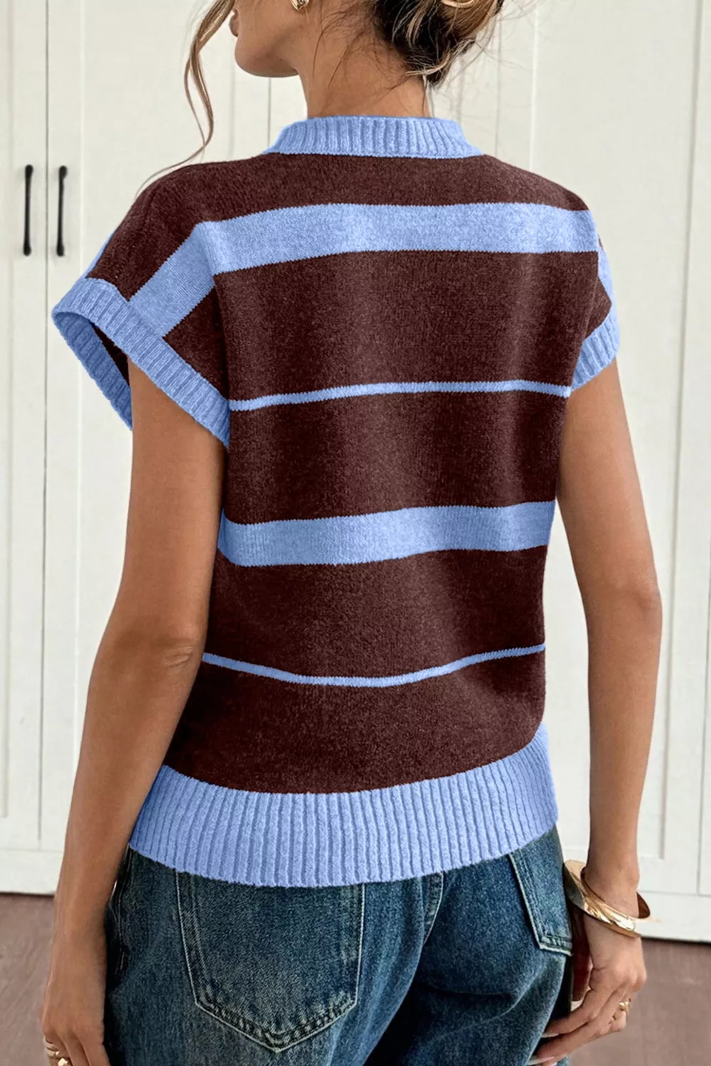 Striped Short Sleeve Round Neck Casual Knit Top, image 3