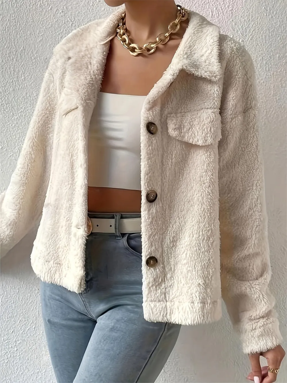 Collared Neck Button Up Jacket with Decorative Pocket Flaps, image 3