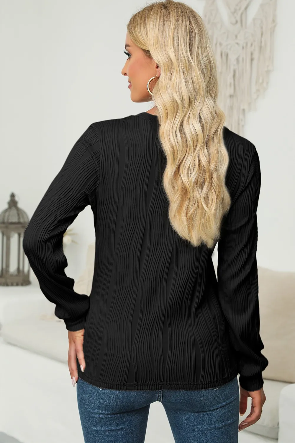 Textured Round Neck Long Sleeve Blouse, image 18