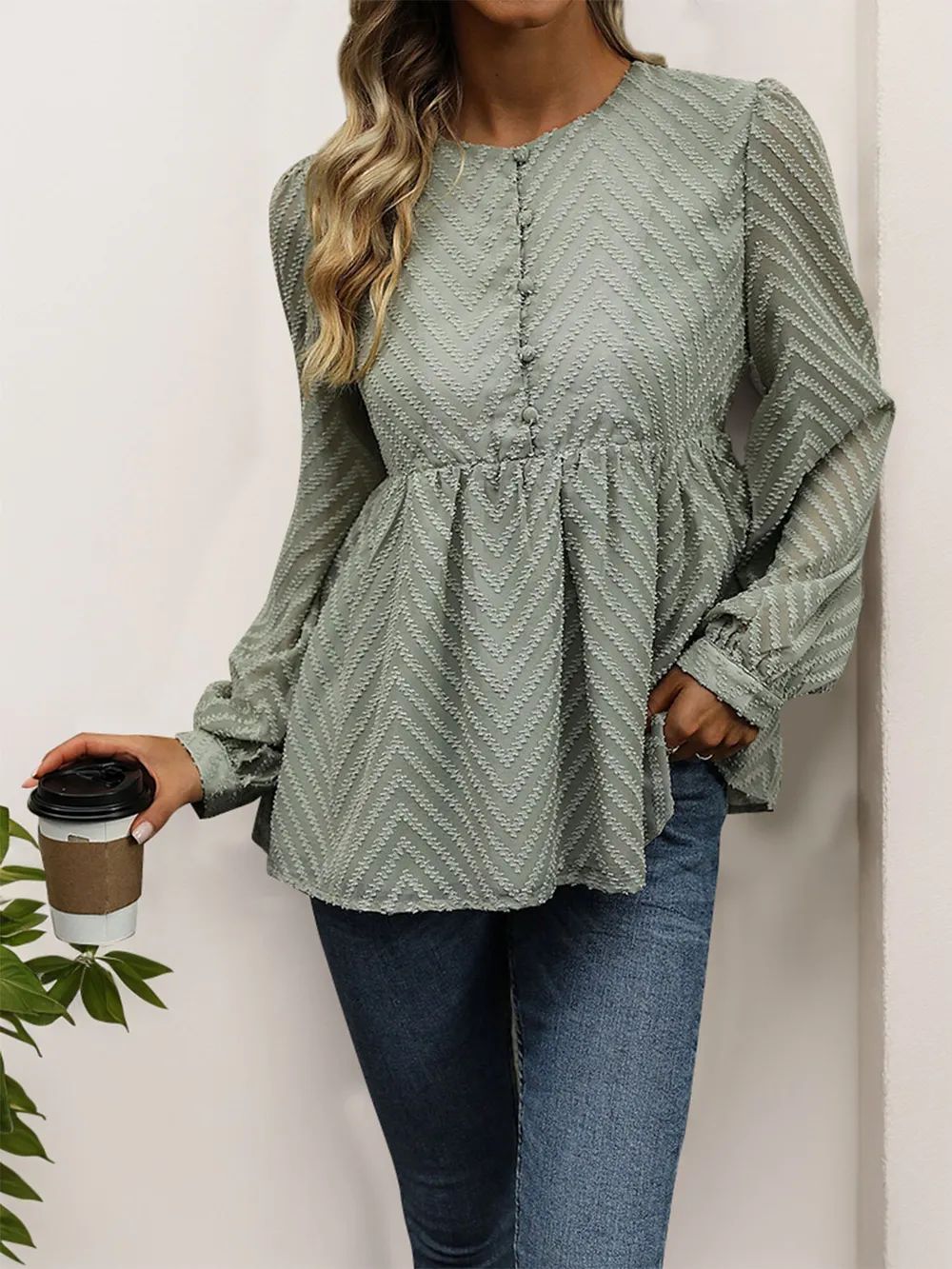 Peplum Round Neck Long Sleeve Blouse, image 4