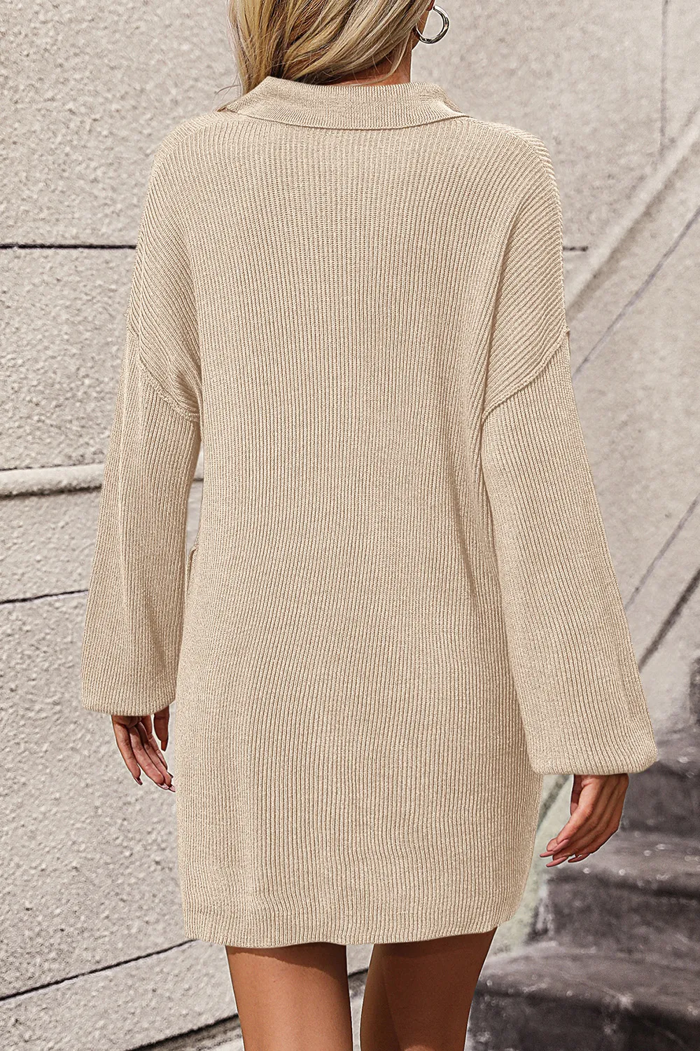 Collared Neck Long Sleeve Sweater Dress with Pockets, image 10