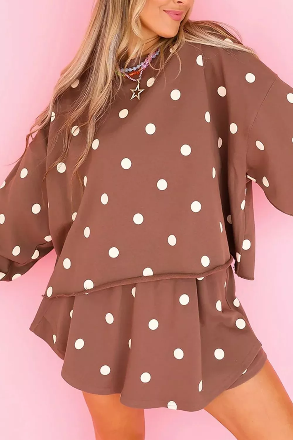 Polka Dot Raw Hem Relaxed Pullover Loose Skort Two Piece Set, image 3