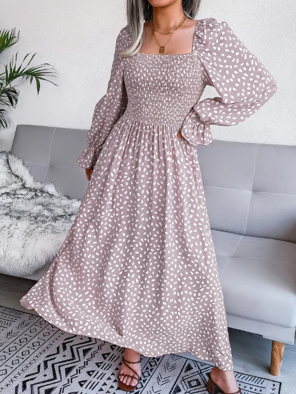 Smocked Square Neck Flounce Sleeve Dress, image 15