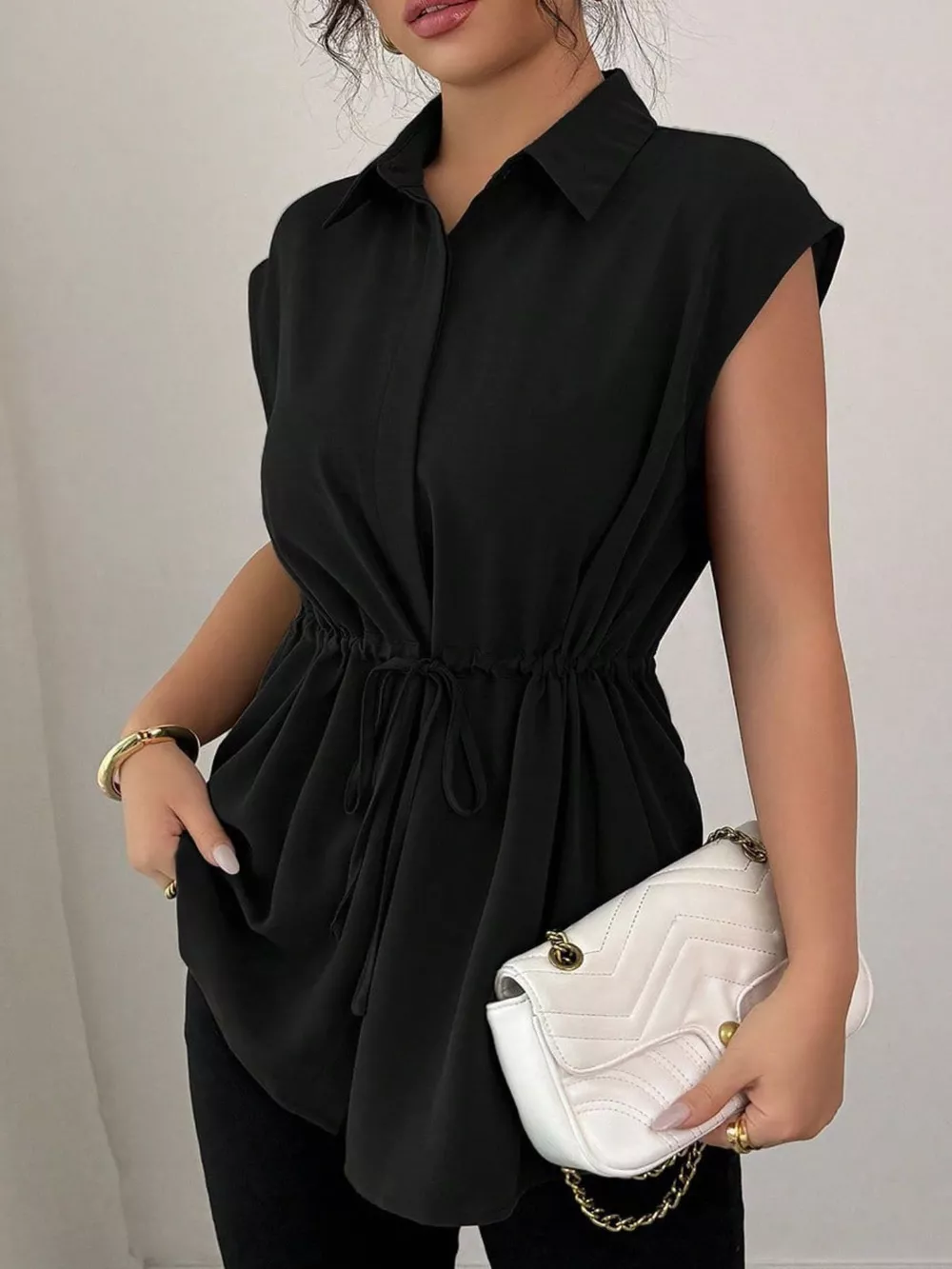 Drawstring Waist Cap Sleeve Shirt, image 25