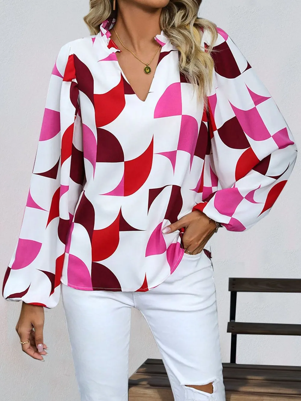 Frill Notched Long Sleeve Blouse, image 7