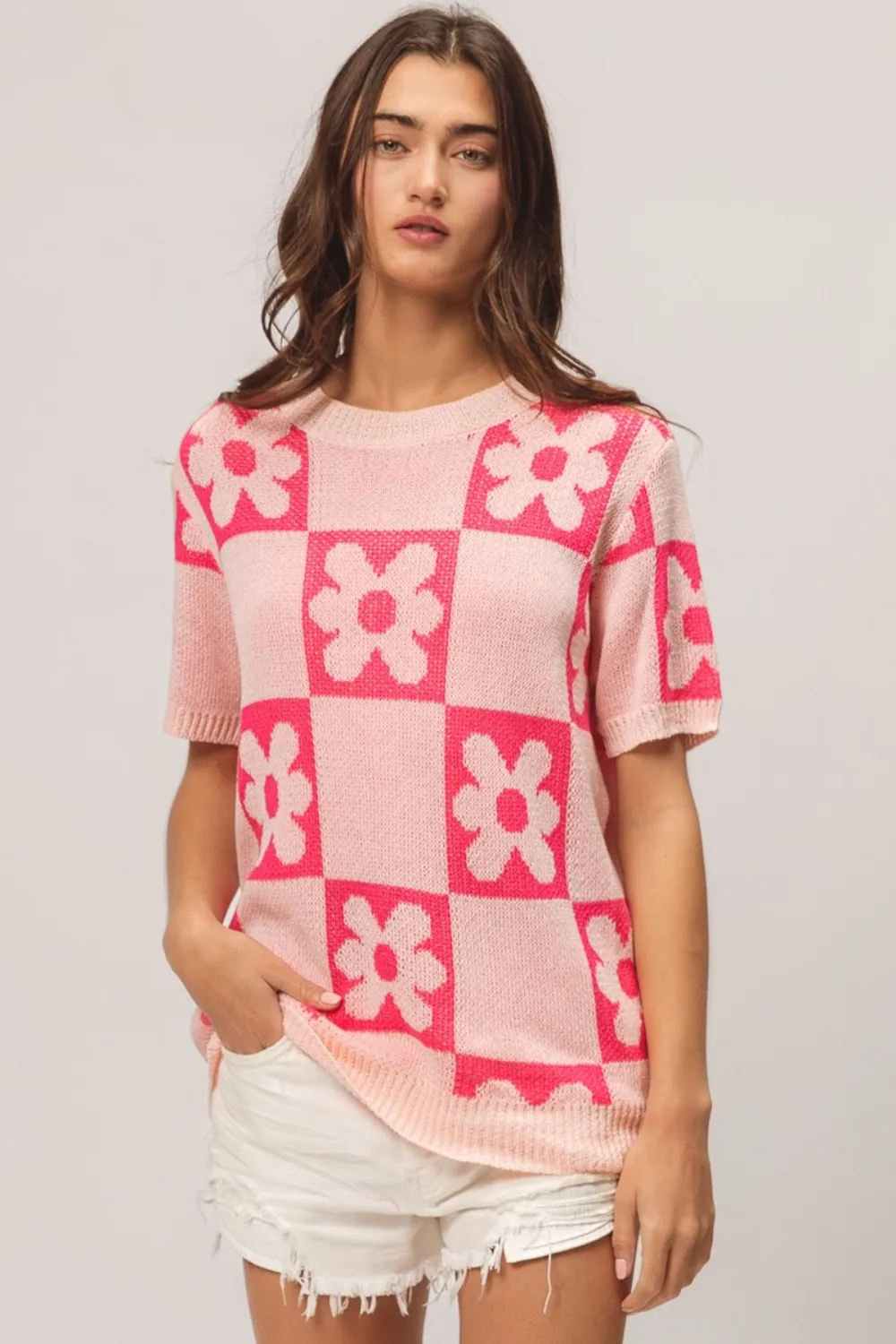 Flower Checker Pattern Short Sleeve Sweater, image 3