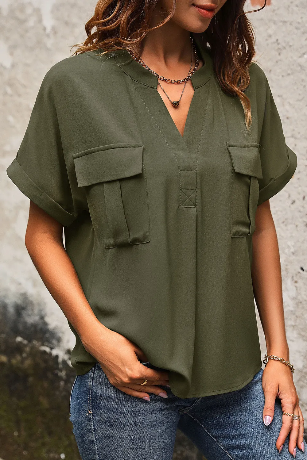 Pocketed Notched Short Sleeve Blouse, image 6