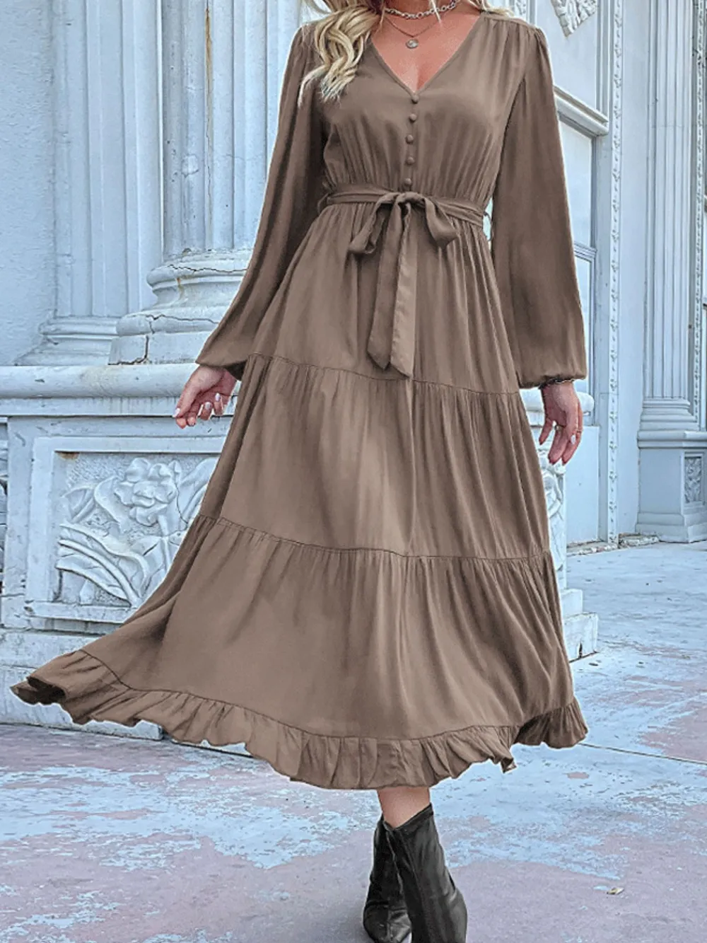 Ruffled Hem V-Neck Balloon Sleeve Dress, image 29