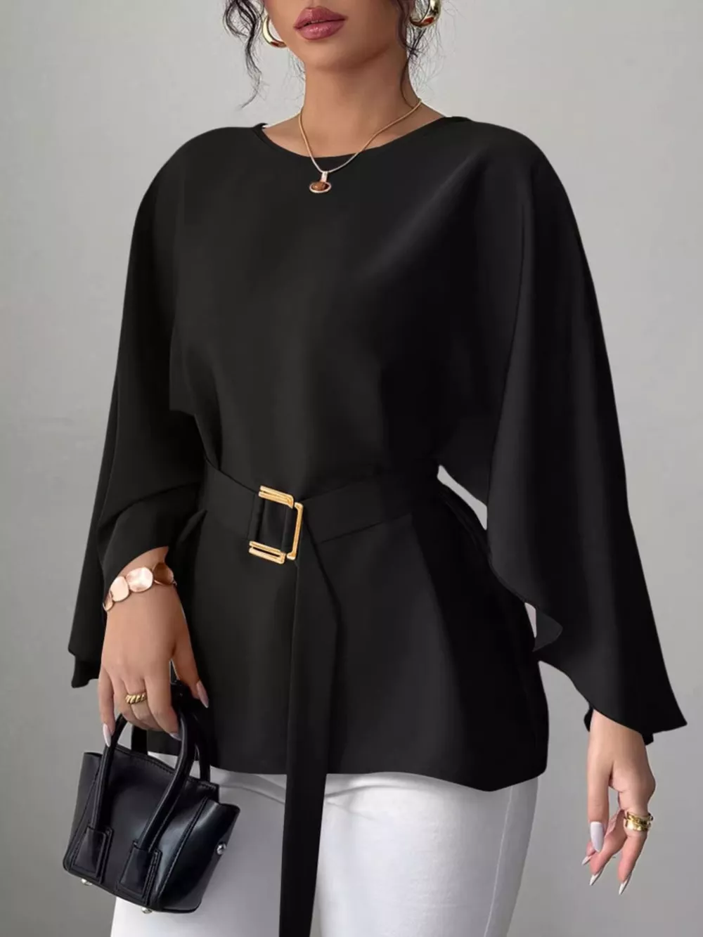 Round Neck Belt Batwing Sleeve Blouse, image 11