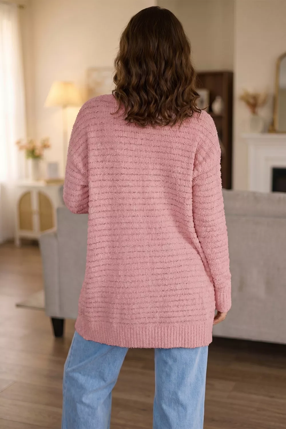 Open Front Soft Fuzzy Ribbed Sweater Cardigan, image 4
