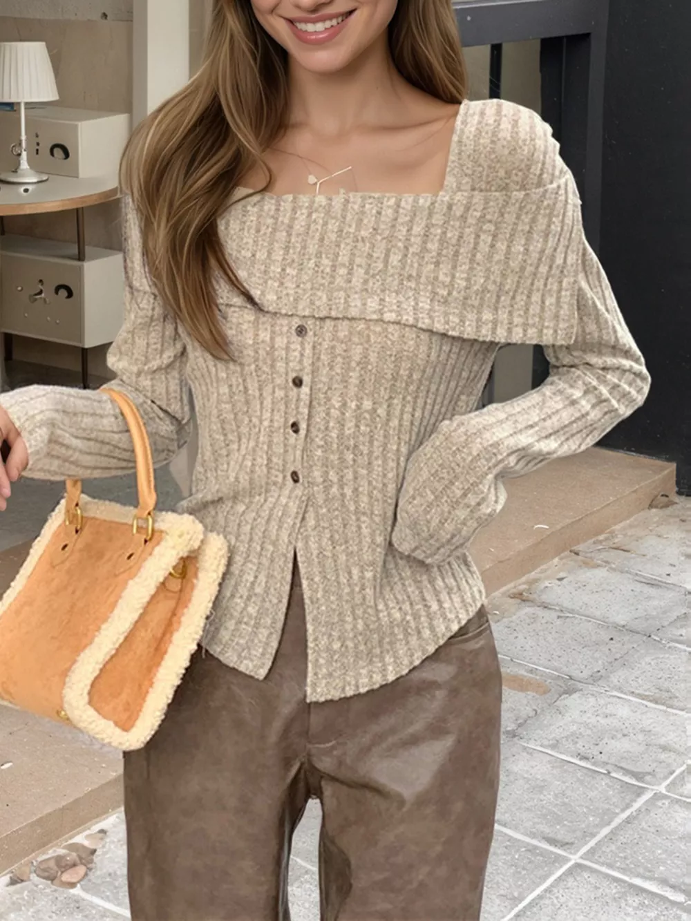 Ribbed Square Neck Long Sleeve Top, image 5