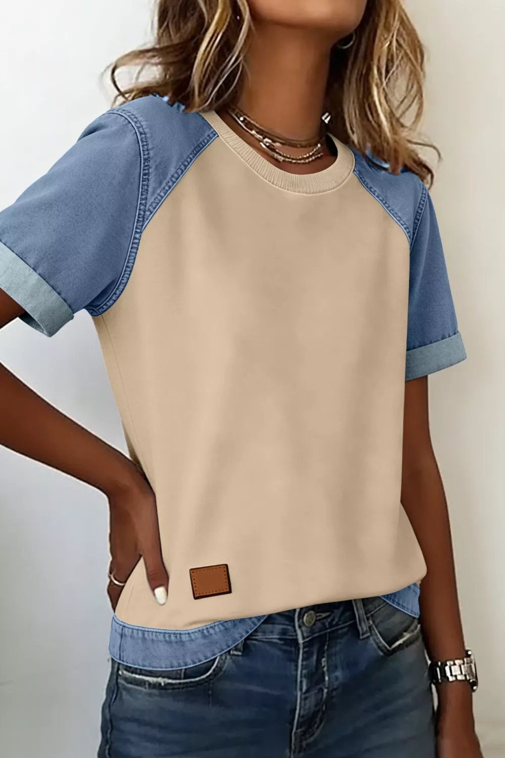 Denim Color Block Patchwork Round Neck Tee, image 2