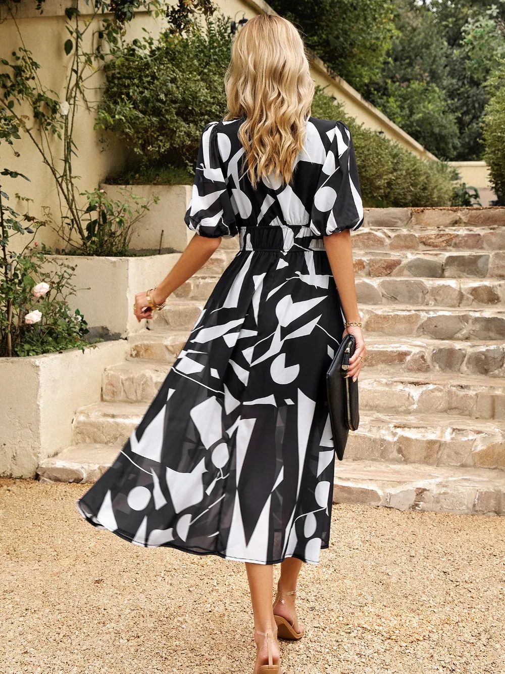 Smocked Printed V-Neck Half Sleeve Midi Dress, image 20