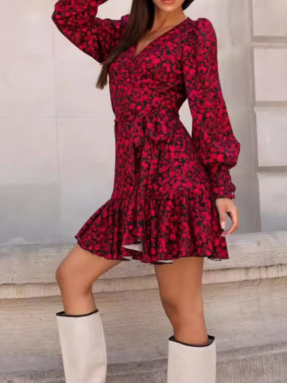 Printed Surplice Long Sleeve Wrap Mini Dress, image 5